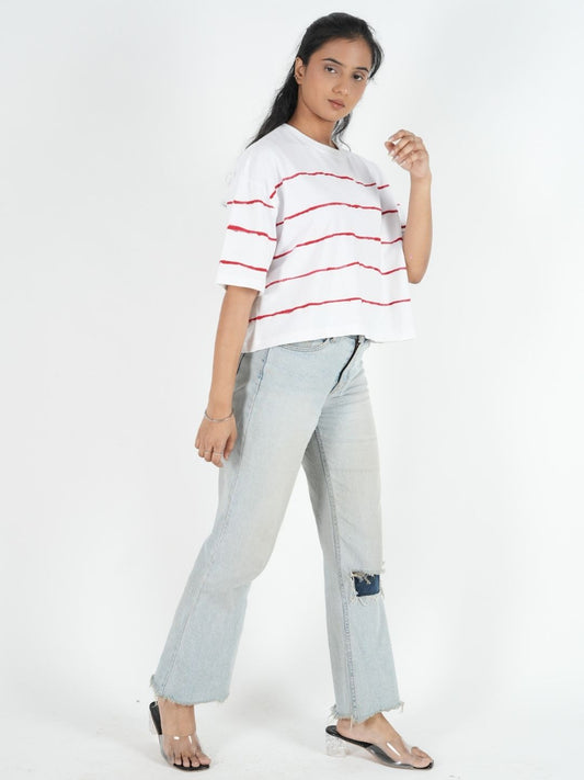 White Artistic Crop Top Oversized T-shirt