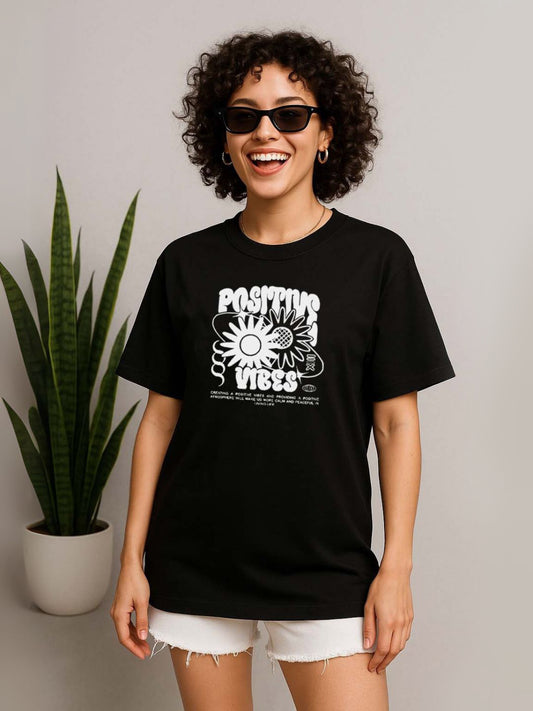Positive Vibes Black Printed T-Shirt - Maanver.com