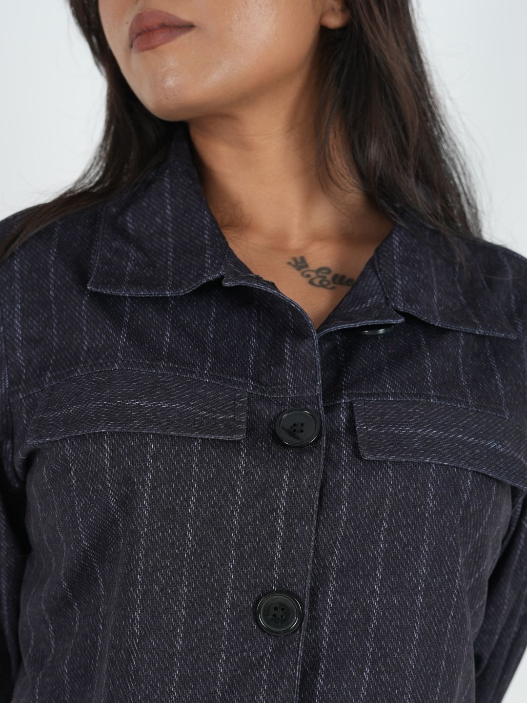 Dark Pinstripe Cropped Shacket for Women | Trendy Overshirt Maanver.com