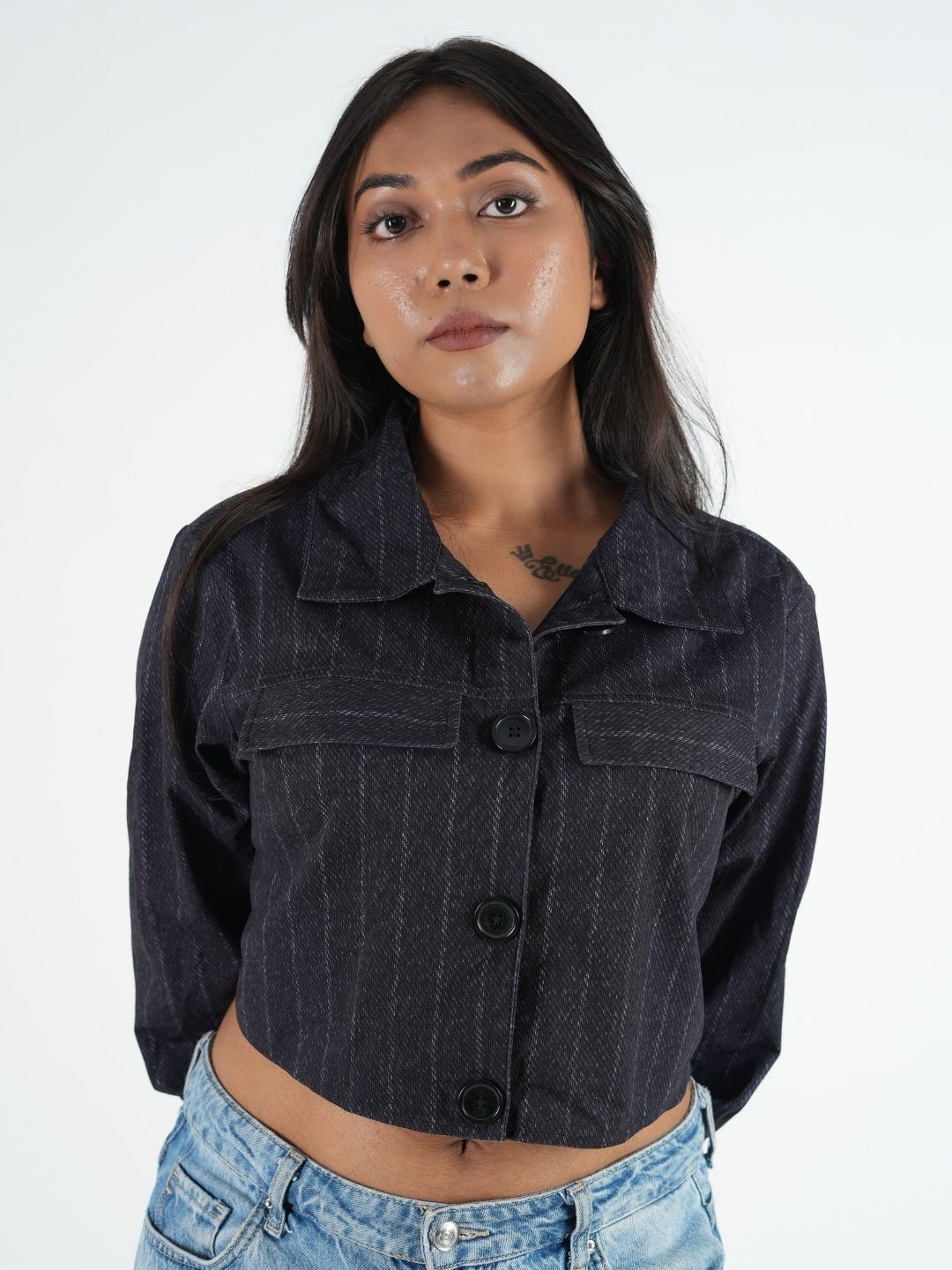Dark Pinstripe Cropped Shacket for Women | Trendy Overshirt Maanver.com