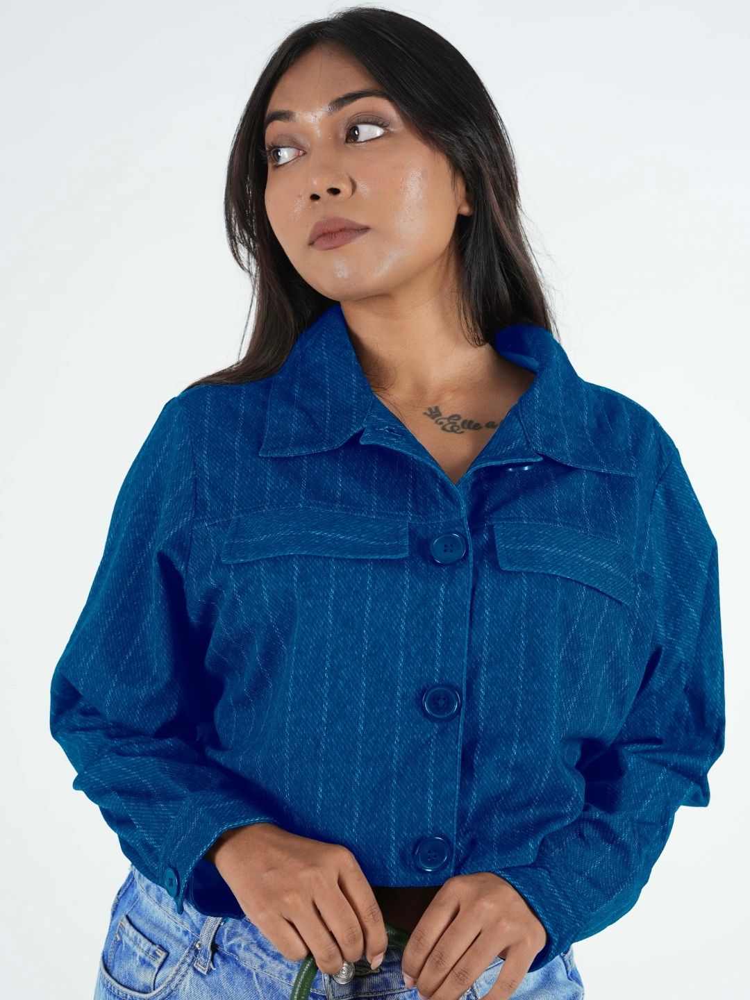 Maanver Printed Blue Cropped Shacket Maanver.com