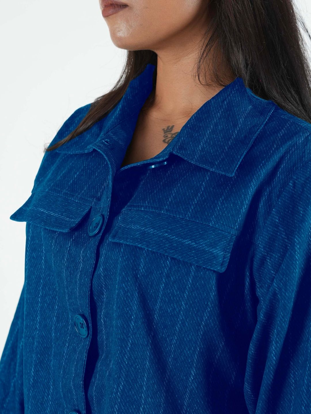 Maanver Printed Blue Cropped Shacket Maanver.com