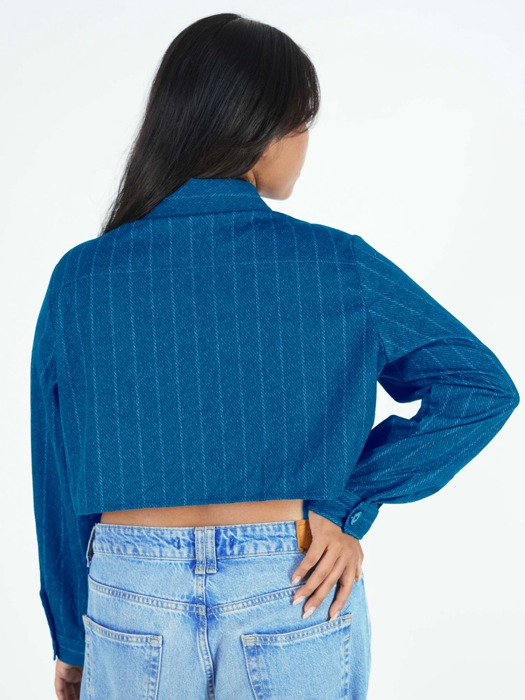 Maanver Printed Blue Cropped Shacket Maanver.com