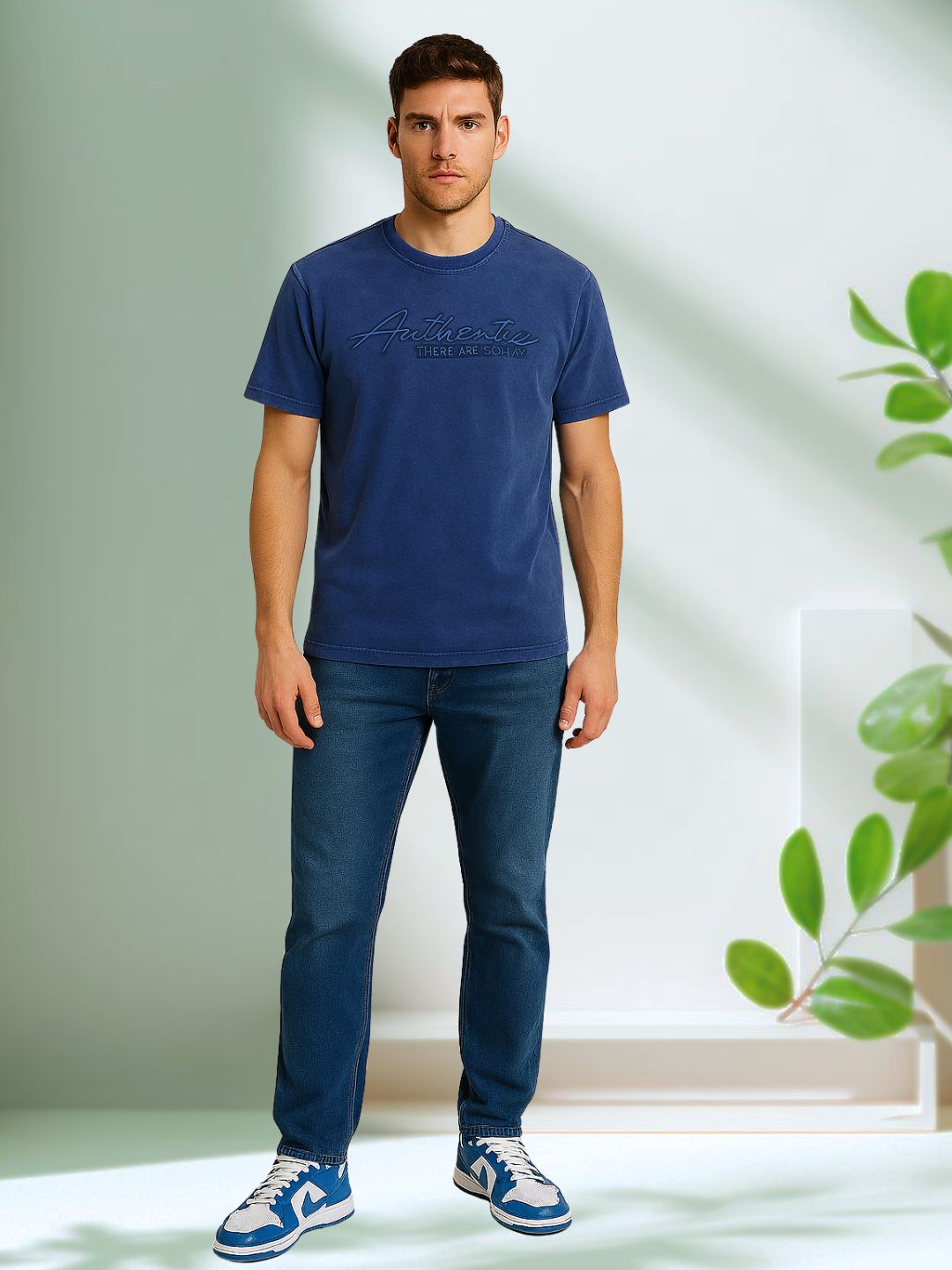 Vintage Washed Mens Blue T-Shirt – Embroidered