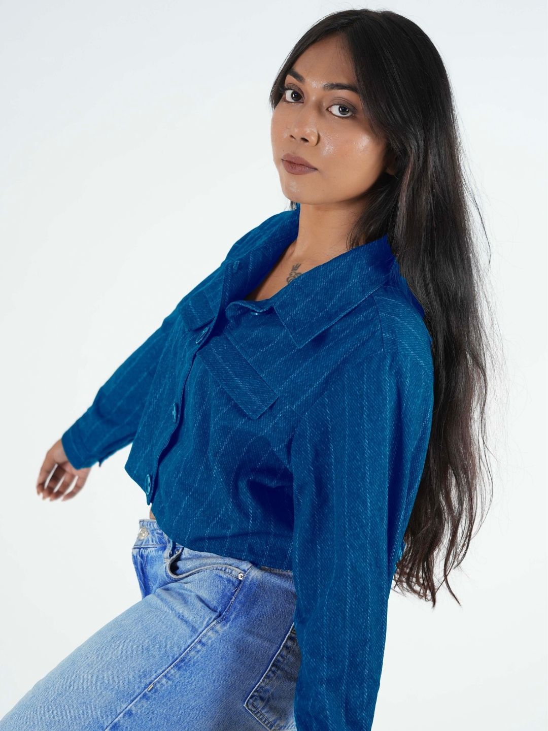 Maanver Printed Blue Cropped Shacket Maanver.com