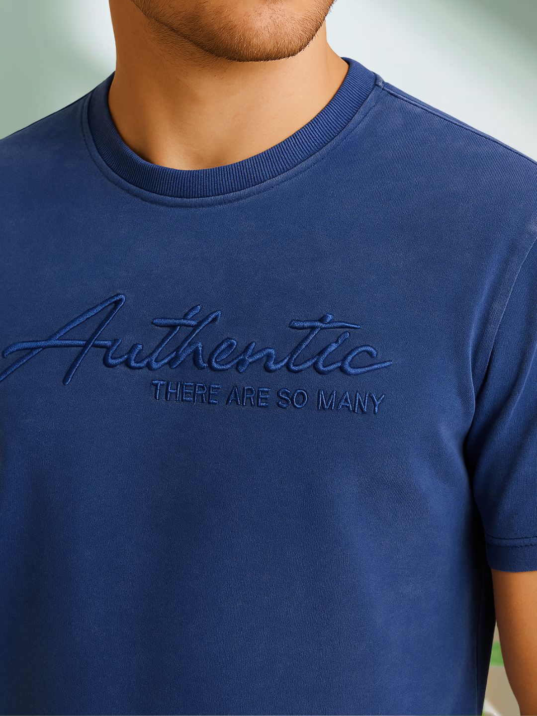 Vintage Washed Mens Blue T-Shirt – Embroidered