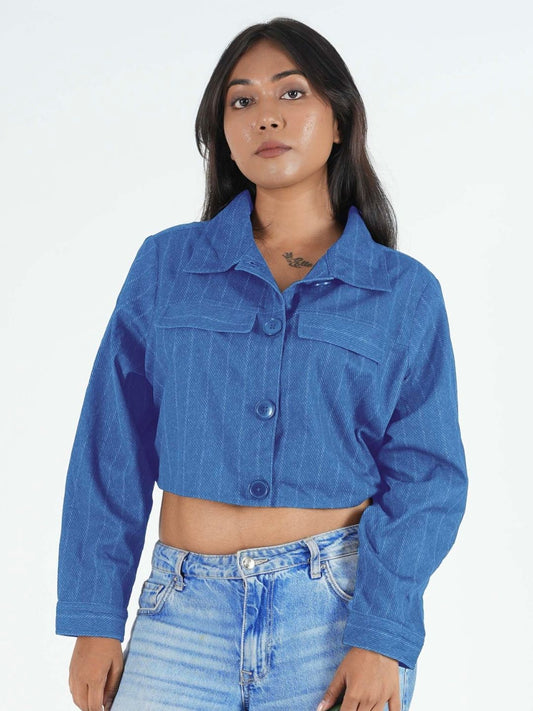 Maanver Printed Denim Blue Cropped Shacket Maanver.com