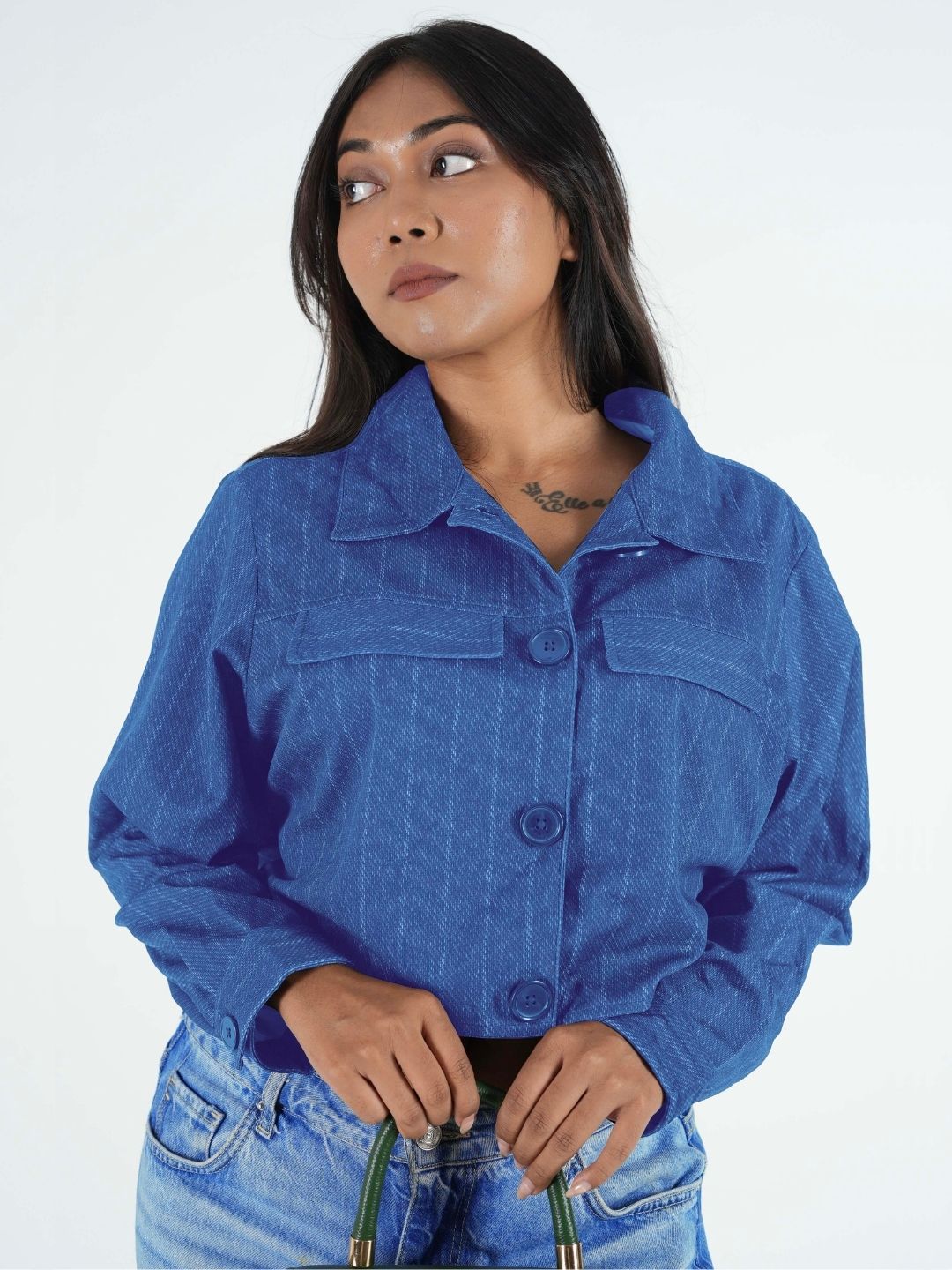 Maanver Printed Denim Blue Cropped Shacket Maanver.com