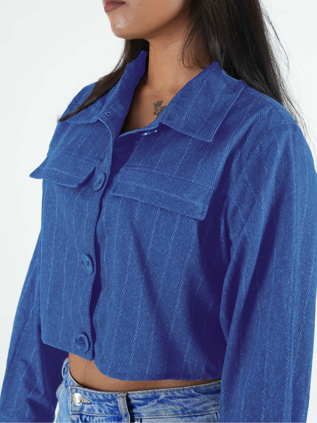 Maanver Printed Denim Blue Cropped Shacket Maanver.com