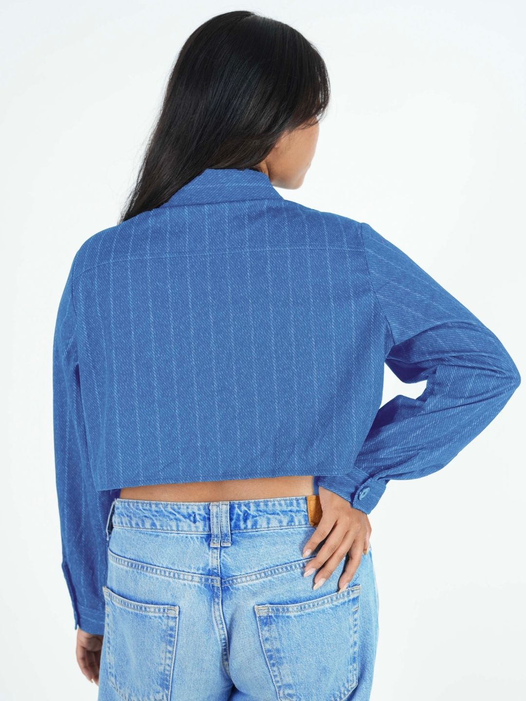 Maanver Printed Denim Blue Cropped Shacket Maanver.com