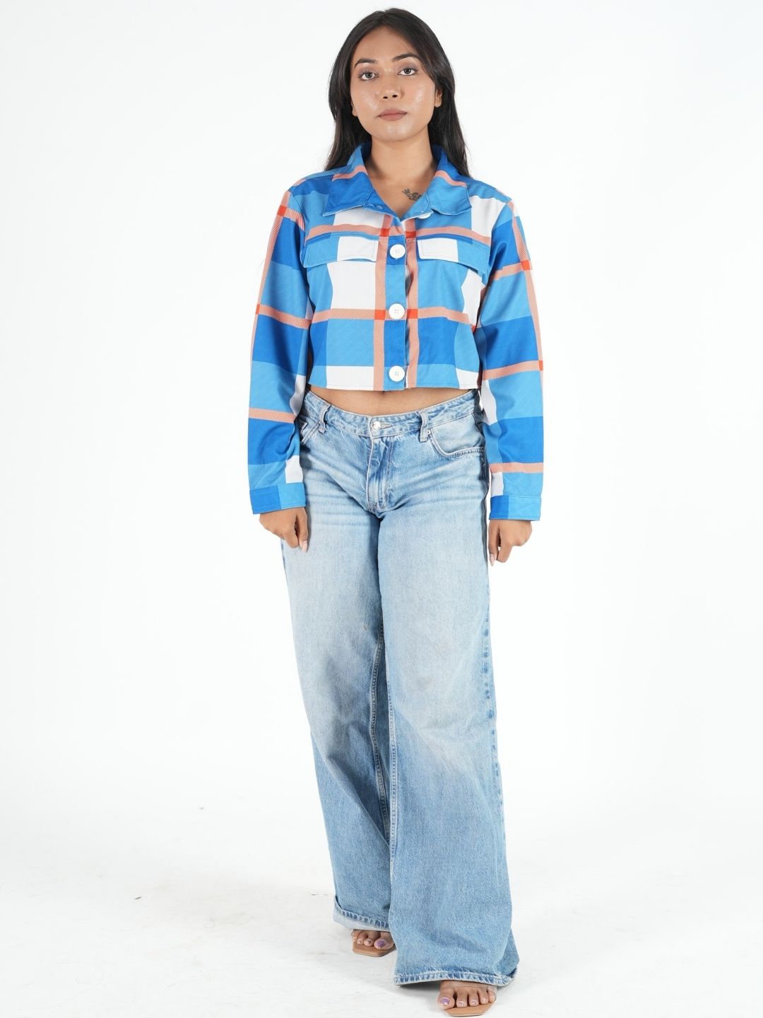 Blue & White Cropped Shacket for Women | Trendy Overshirt Maanver.com