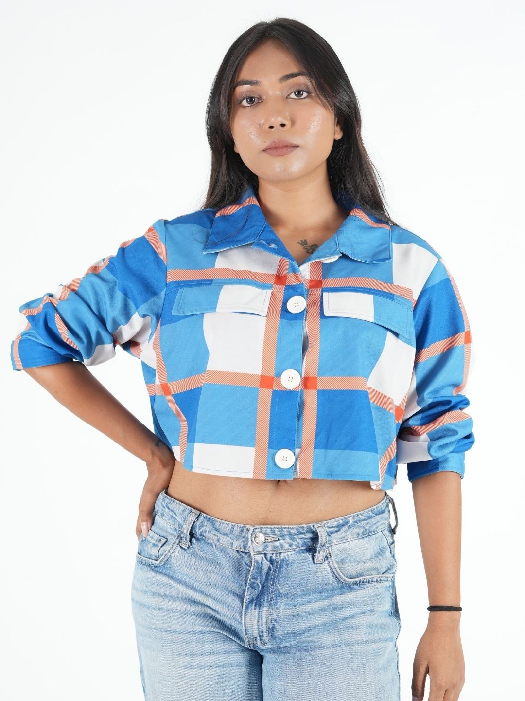 Blue & White Cropped Shacket for Women | Trendy Overshirt Maanver.com