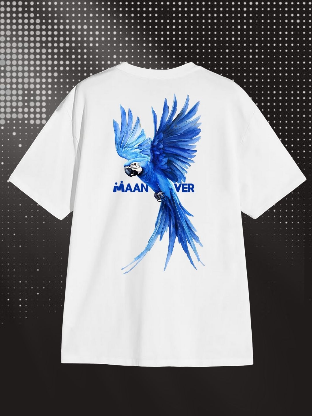 White Blue Parrot Graphic Oversized T-Shirt – Trendy Streetwear Style Maanver.com