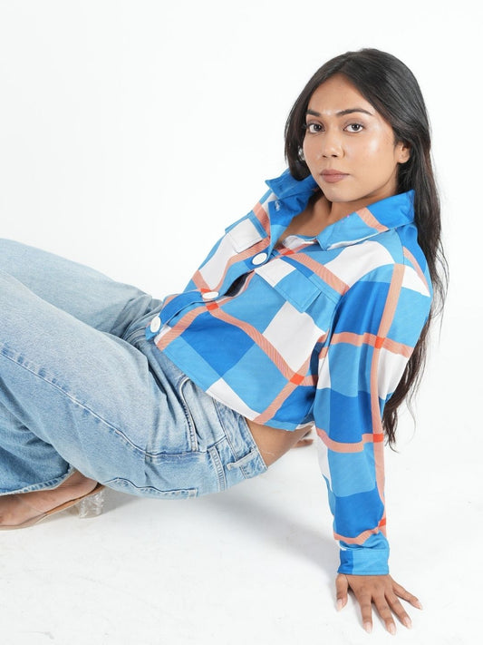 Blue & White Cropped Shacket for Women | Trendy Overshirt Maanver.com