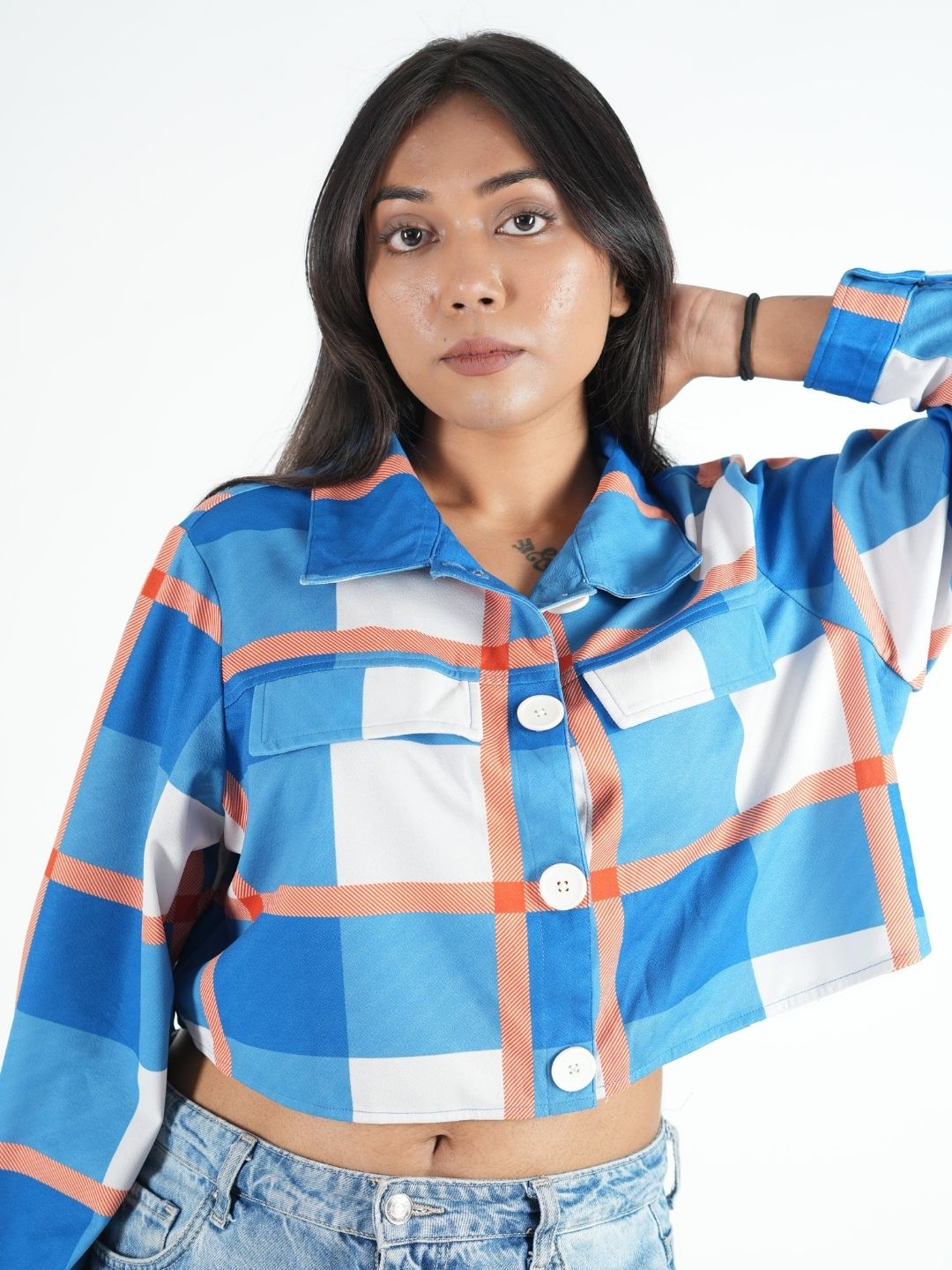 Blue & White Cropped Shacket for Women | Trendy Overshirt Maanver.com