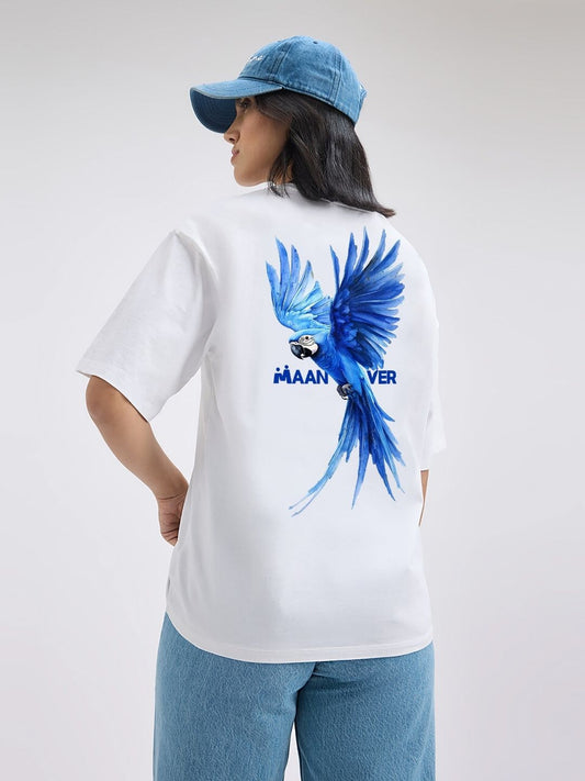 White Blue Parrot Graphic Oversized T-Shirt – Trendy Streetwear Style Maanver.com