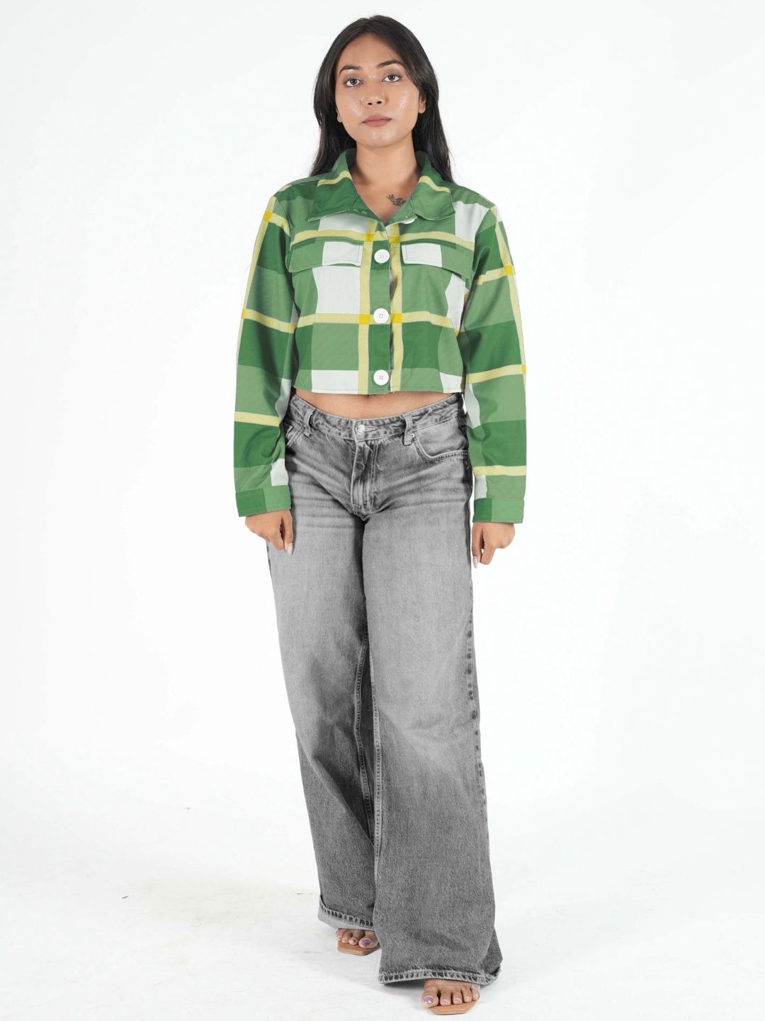 Green Checked Printed Crop Shacket Maanver.com