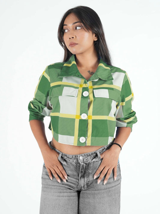 Green Checked Printed Crop Shacket Maanver.com