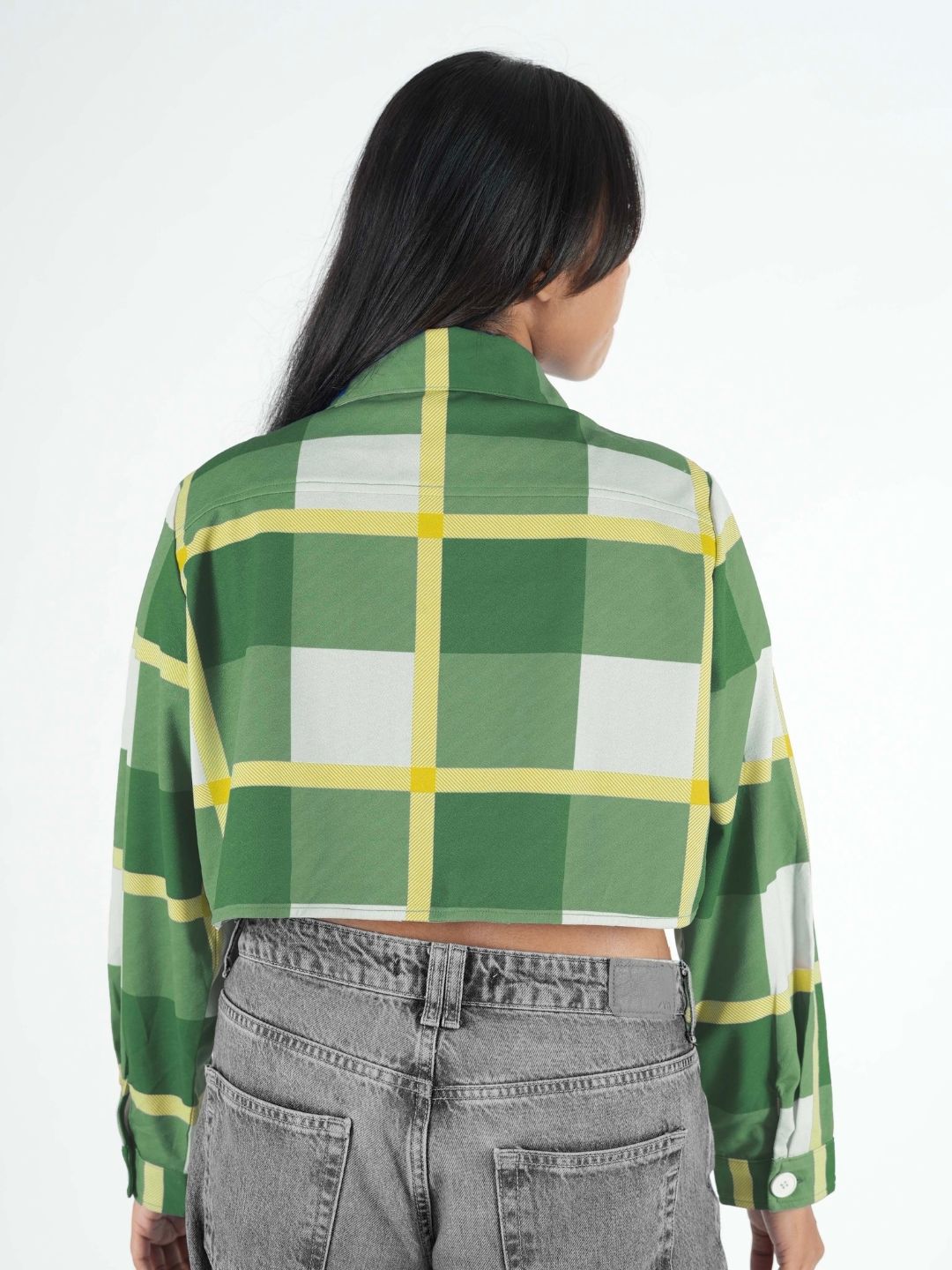 Green Checked Printed Crop Shacket Maanver.com