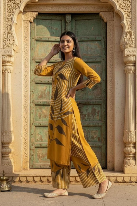 Mustard Leaf Print Kurta Set for Haldi Celebrations Maanver.com