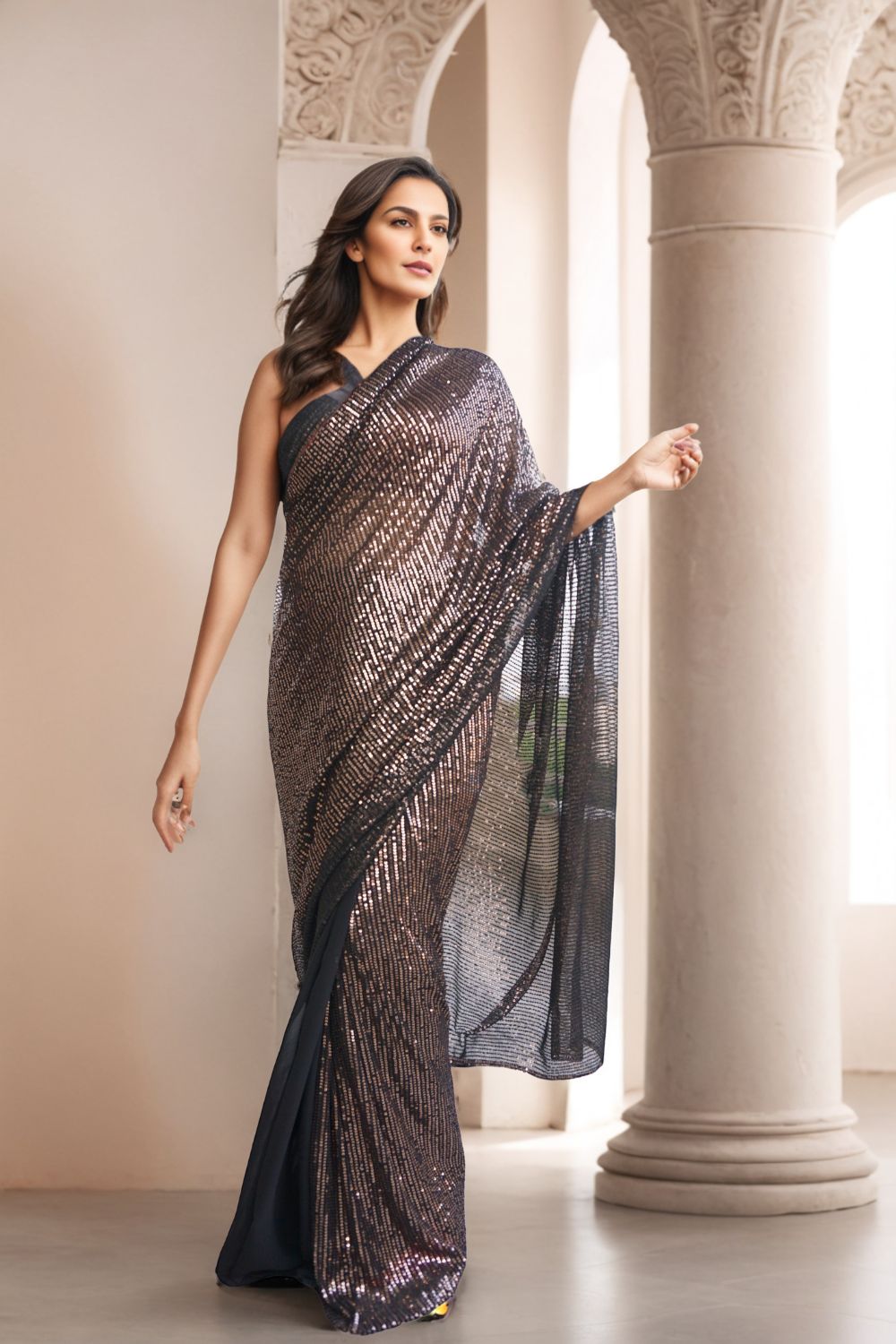 Black Sequins Embroidered Saree - Maanver.com