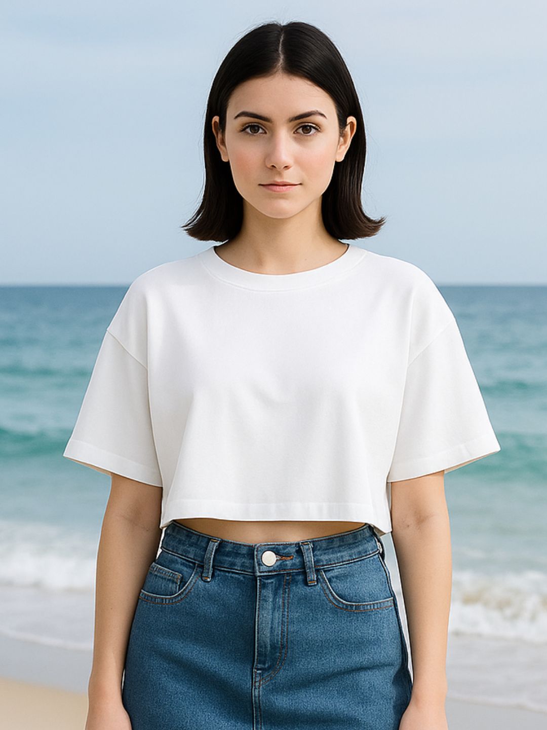 White Relaxed Crop top T-Shirt maanver clothing