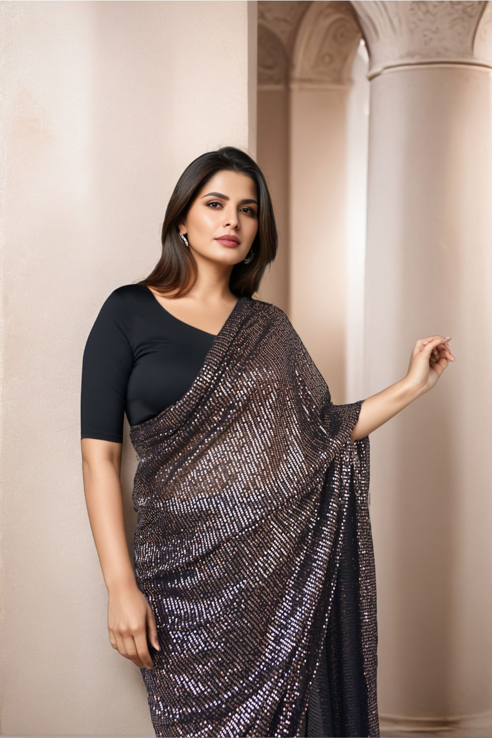 Black Sequins Embroidered Saree - Maanver.com
