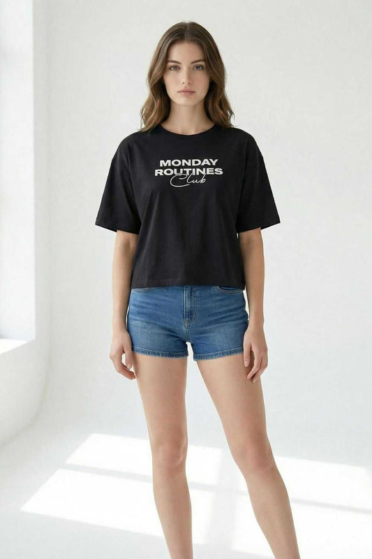 Black Crop Top Printed Tees maanver clothing