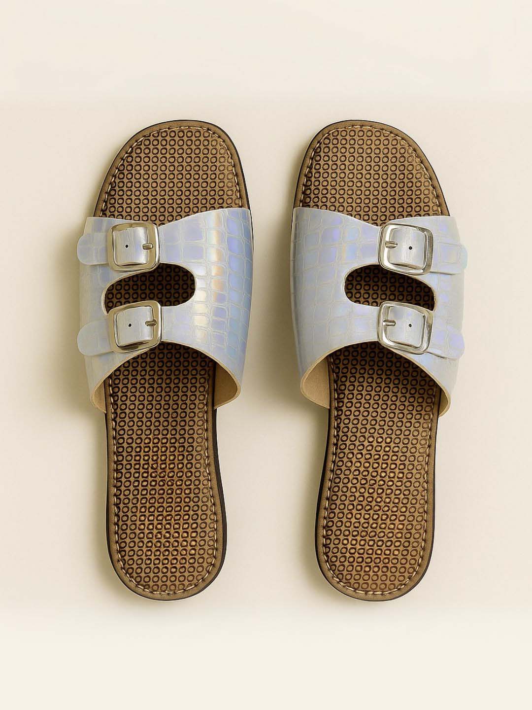 Shimmer Pearl Buckle-Detailed Comfort Sandals