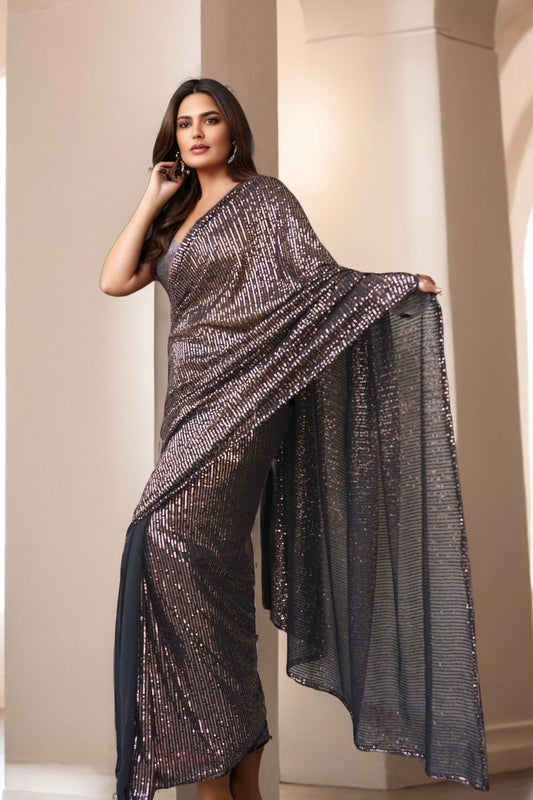 Black Sequins Embroidered Saree - Maanver.com