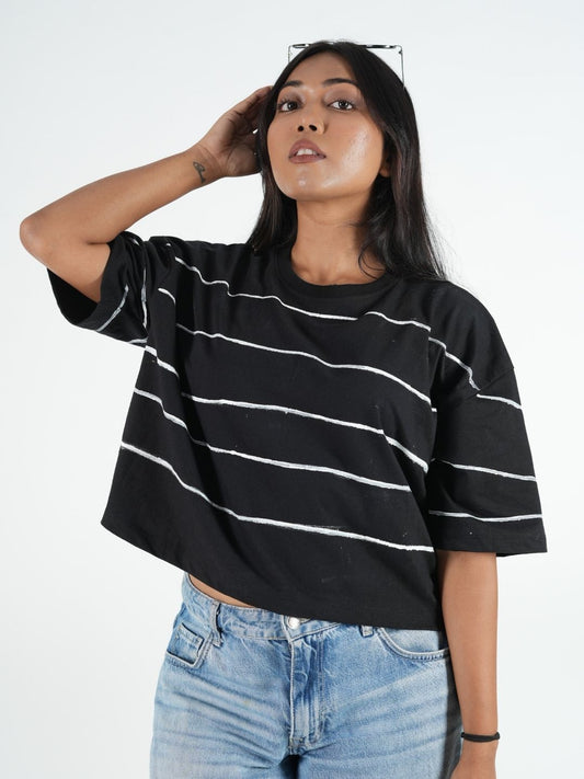 Stylish Black Artistic Crop Top Oversized T-shirt featuring a round neck and drop shoulders, perfect for casual wear.