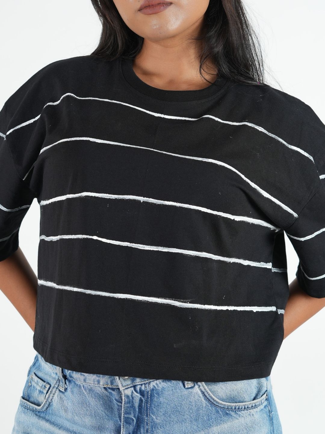 Stylish Black Artistic Crop Top Oversized T-shirt with unique stripes, perfect for casual wear and easy returns.