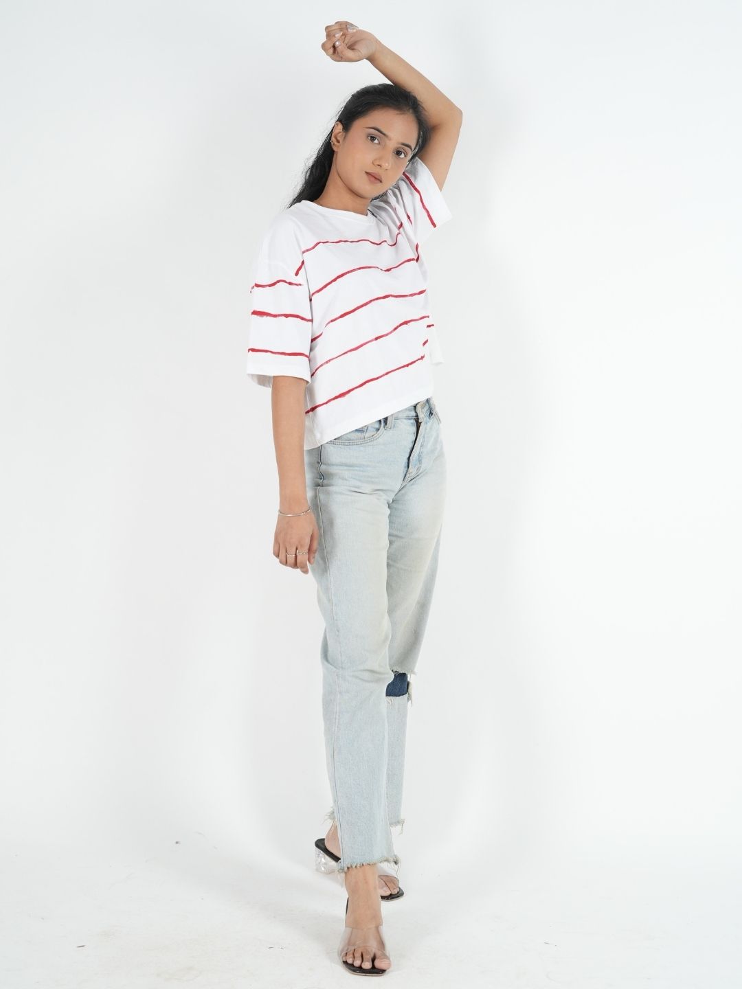 White Artistic Crop Top Oversized T-shirt