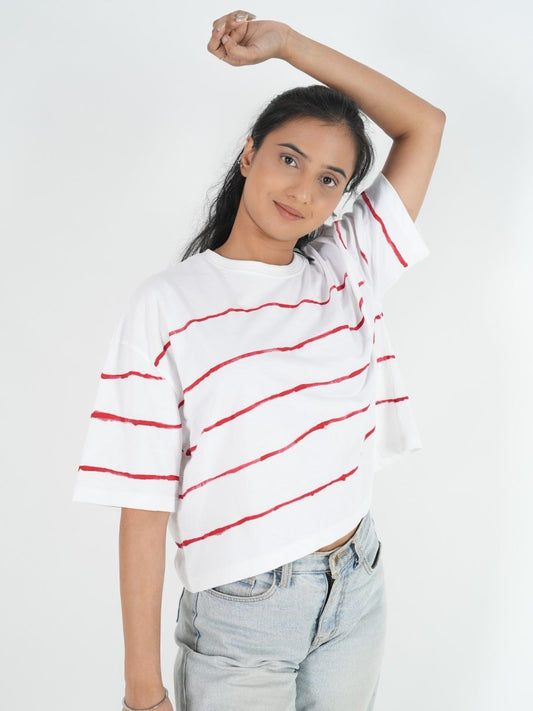 White Artistic Crop Top Oversized T-shirt