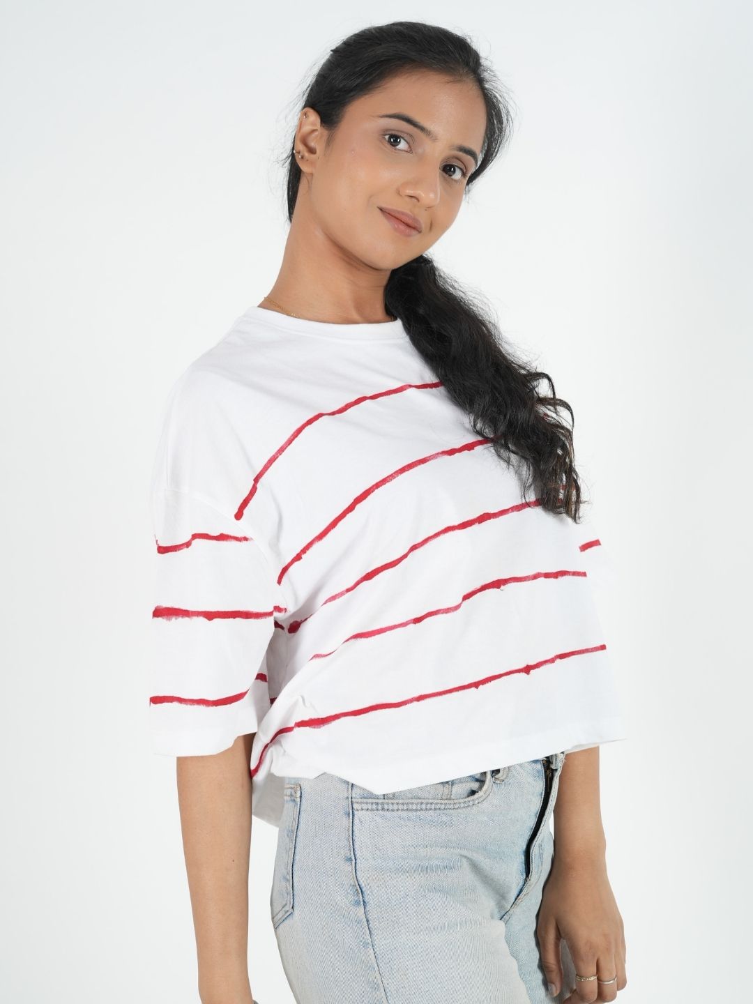 White Artistic Crop Top Oversized T-shirt