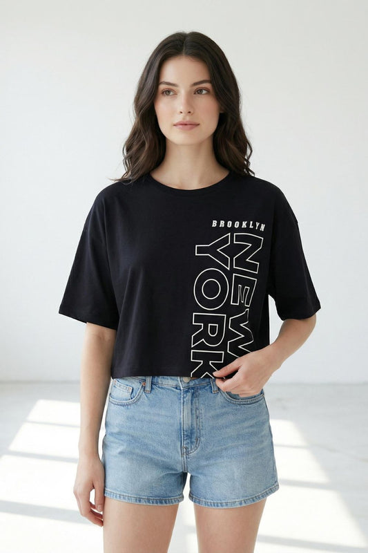 NEW YORK Black Crop Top T-Shirt maanver clothing
