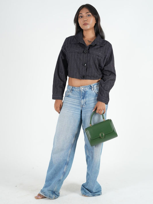 Dark Pinstripe Cropped Shacket for Women | Trendy Overshirt Maanver.com