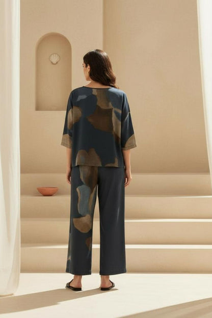 Women's Stylish Loungewear Set-Comfortable Abstract Print Top with Wide Leg Pants, Navy & Earth Tones Maanver.com