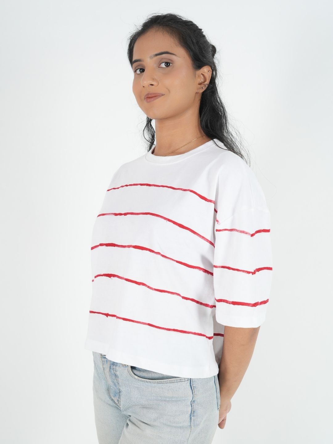 White Artistic Crop Top Oversized T-shirt