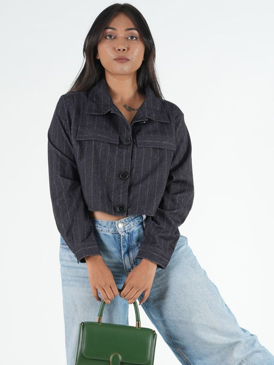 Dark Pinstripe Cropped Shacket for Women | Trendy Overshirt Maanver.com