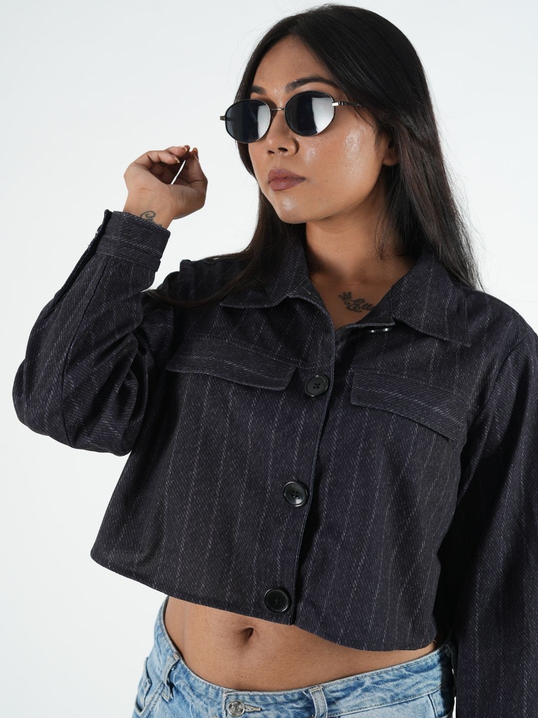 Dark Pinstripe Cropped Shacket for Women Trendy Overshirt