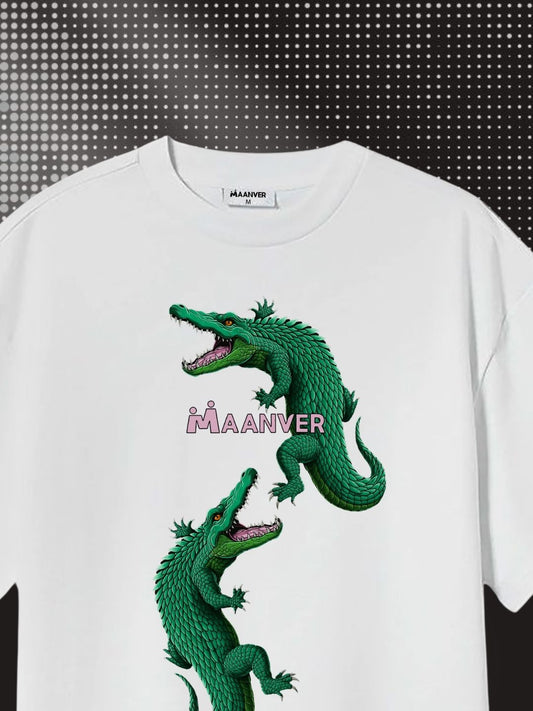 Classic white Crocodile Graphic Oversized T-Shirt – Unisex Streetwear Style Maanver.com