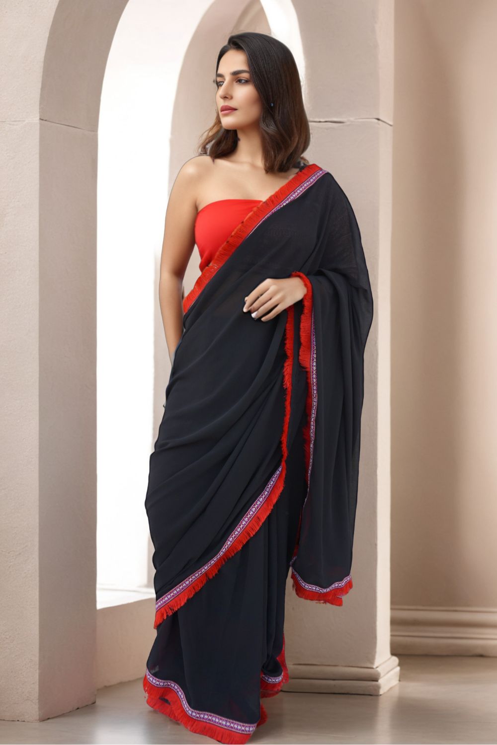 Black Plain Boho Embroidery border Saree - Maanver.com