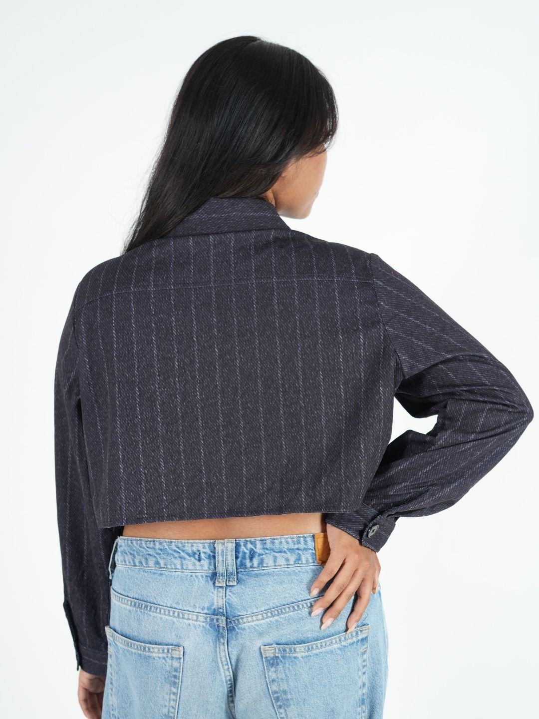 Dark Pinstripe Cropped Shacket for Women | Trendy Overshirt Maanver.com