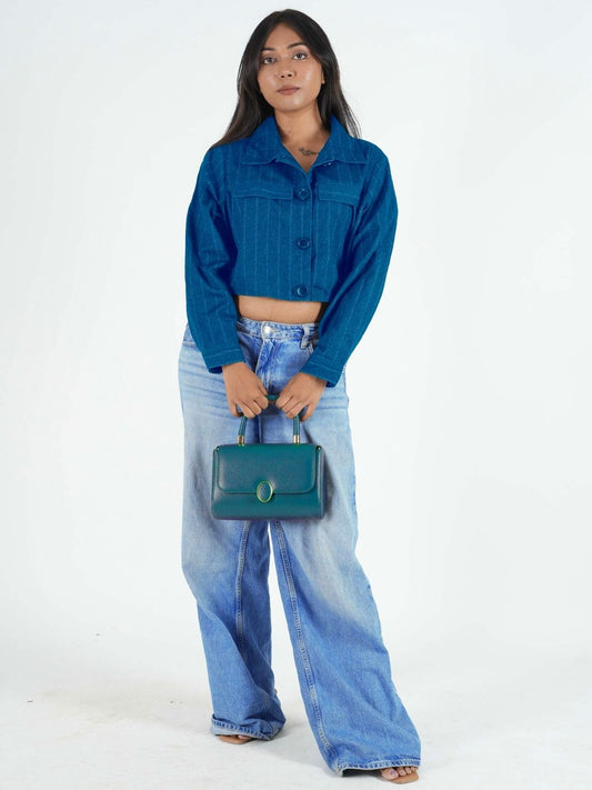 Maanver Printed  Blue Cropped Shacket Maanver.com
