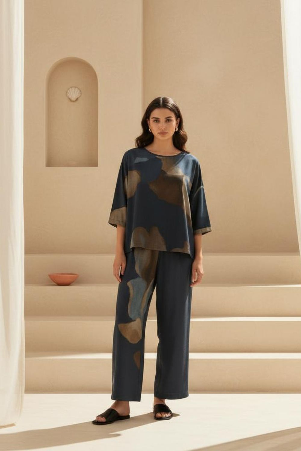 Women's Stylish Loungewear Set-Comfortable Abstract Print Top with Wide Leg Pants, Navy & Earth Tones Maanver.com