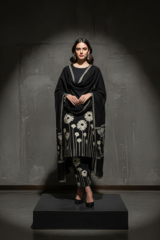 Black Floral Print Kurta Set Maanver.com