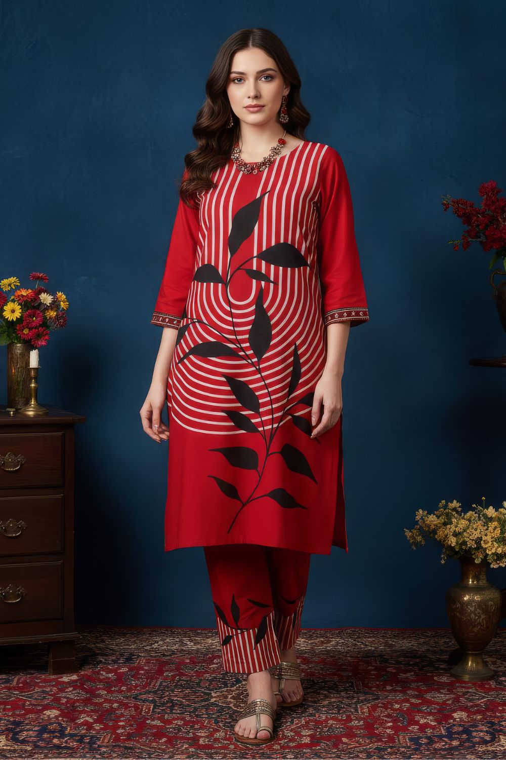 Red Floral Leaf Print Kurta Set