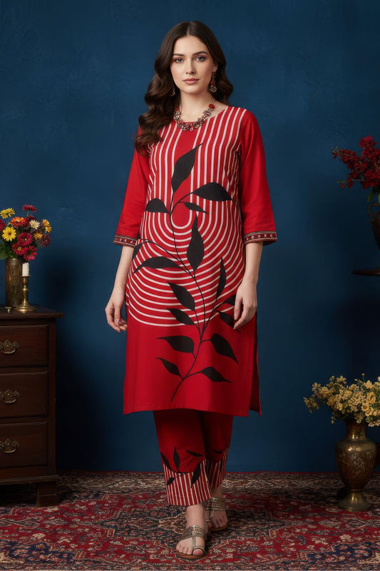Red Floral Leaf Print Kurta Set