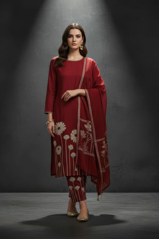 Deep Red Chanderi Silk Blend Kurta-Pant Set Maanver.com